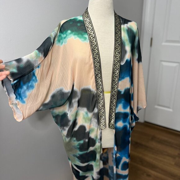 Sukiso Women's Goddess Kimono in Tan Teal Tie Dye - Picture 2 of 14